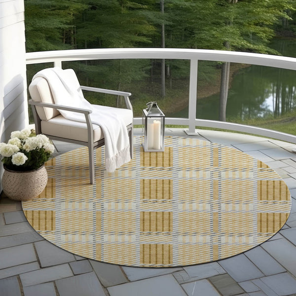 Homeroots 3' Artichoke Green Gray Brown Plaid Washable Area Rug For Indoor Outdoor Spaces, Durable & Stylish 8' Round Polyester 597555