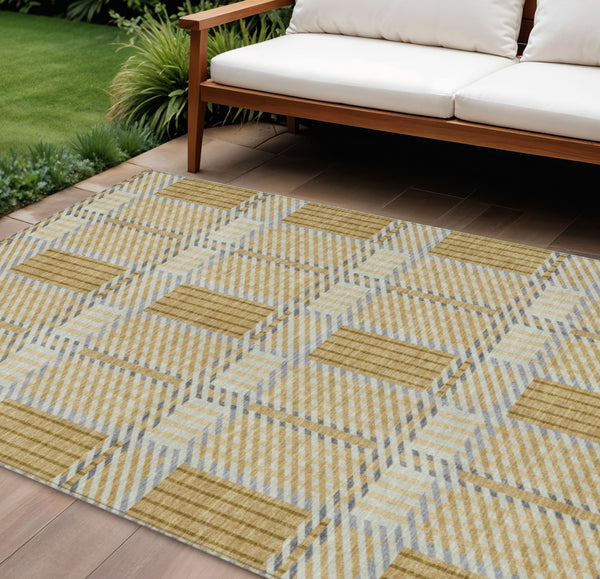 Homeroots 3' Artichoke Green Gray Brown Plaid Washable Area Rug For Indoor Outdoor Spaces, Durable & Stylish 10' X 14' Polyester 597558