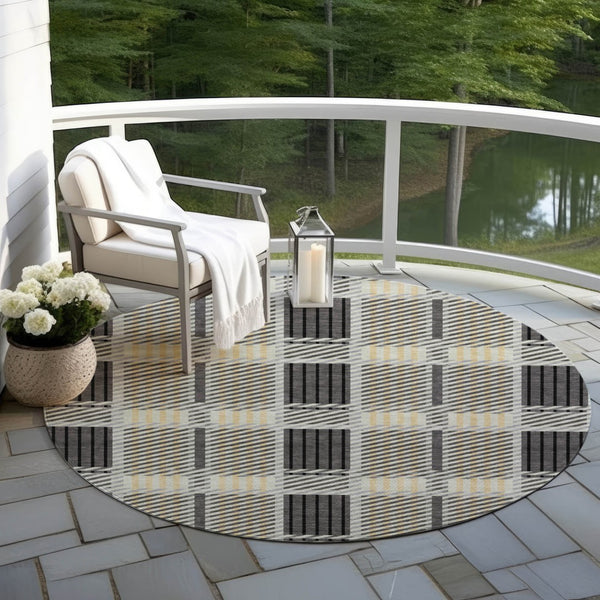 Homeroots 3' Artichoke Green Gray Brown Plaid Washable Area Rug For Indoor Outdoor Spaces, Durable & Stylish 8' Round Polyester 597561
