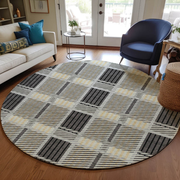 Homeroots 3' Artichoke Green Gray Brown Plaid Washable Area Rug For Indoor Outdoor Spaces, Durable & Stylish 8' Round Polyester 597561
