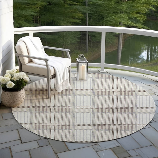 Homeroots 3' Artichoke Green Gray Brown Plaid Washable Area Rug For Indoor Outdoor Spaces, Durable & Stylish 8' Round Polyester 597567