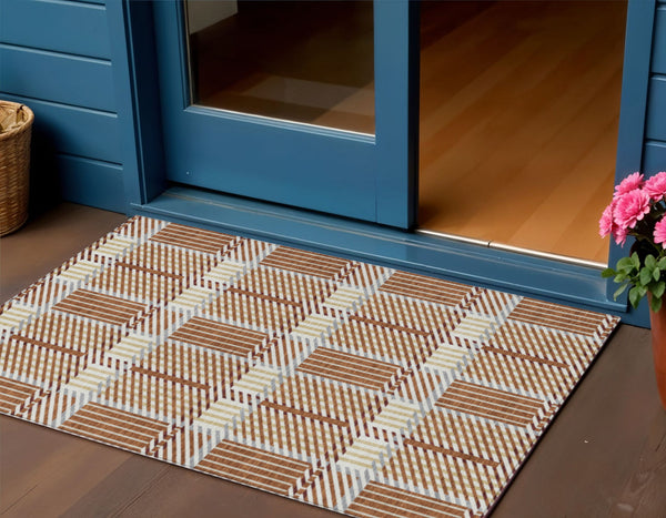 Homeroots 3' Artichoke Green Gray Brown Plaid Washable Area Rug For Indoor Outdoor Spaces, Durable & Stylish 3' X 5' Polyester 597583