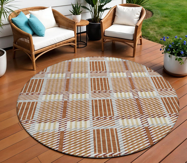 Homeroots 3' Artichoke Green Gray Brown Plaid Washable Area Rug For Indoor Outdoor Spaces, Durable & Stylish 8' Round Polyester 597585