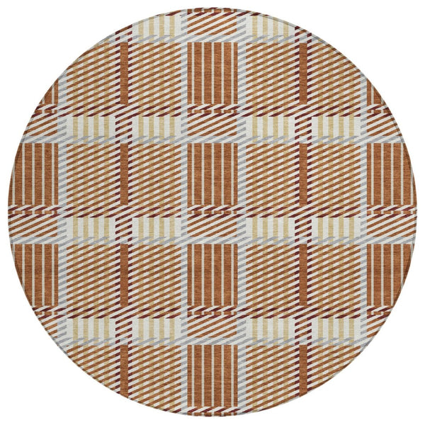 HomeRoots 5' Copper Gold and Gray Plaid Indoor-Outdoor Area Rug – Durable, Washable, Stylish for Any Space 8' Round 597585