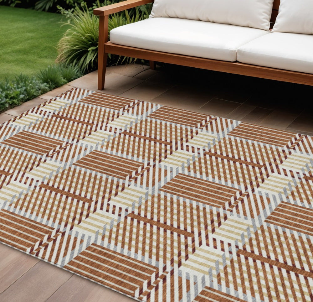 HomeRoots 5' Copper Gold and Gray Plaid Indoor-Outdoor Area Rug – Durable, Washable, Stylish for Any Space 8' X 10' 597586