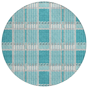 HomeRoots 5' Stylish Teal Blue Gray Ivory Plaid Washable Area Rug for Indoor Outdoor Use - Durable & Versatile 8' Round 597591