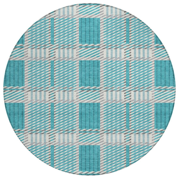 HomeRoots 5' Stylish Teal Blue Gray Ivory Plaid Washable Area Rug for Indoor Outdoor Use - Durable & Versatile 8' Round 597591