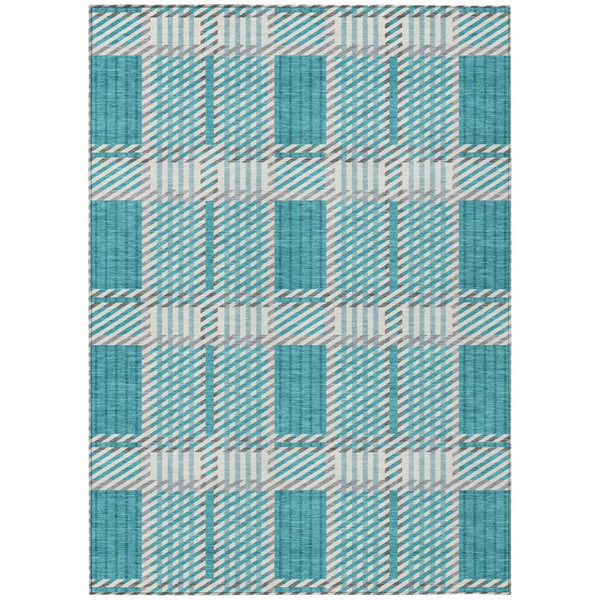 HomeRoots 5' Stylish Teal Blue Gray Ivory Plaid Washable Area Rug for Indoor Outdoor Use - Durable & Versatile 8' X 10' 597592