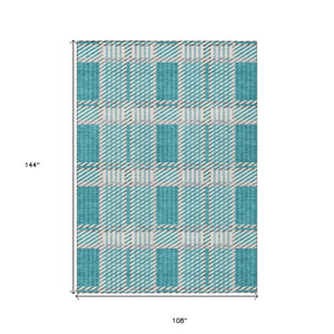 HomeRoots 9' X 12' Stylish Teal Blue Gray Plaid Washable Area Rug for Indoor & Outdoor Use - Durable & Easy-Care! 597593