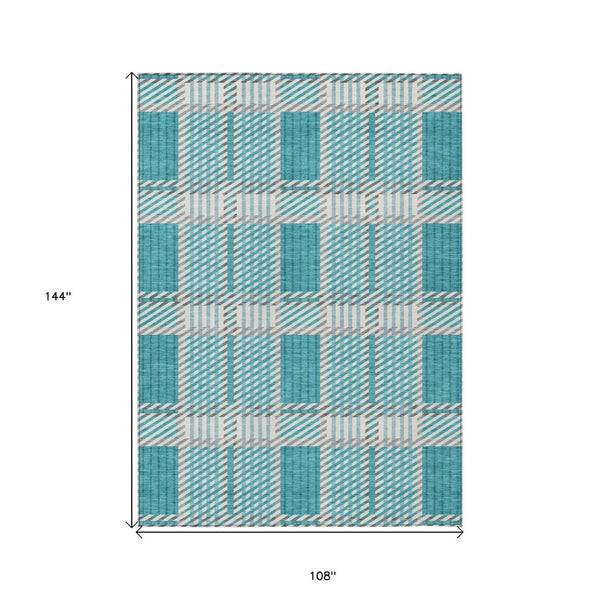 HomeRoots 9' X 12' Stylish Teal Blue Gray Plaid Washable Area Rug for Indoor & Outdoor Use - Durable & Easy-Care! 597593