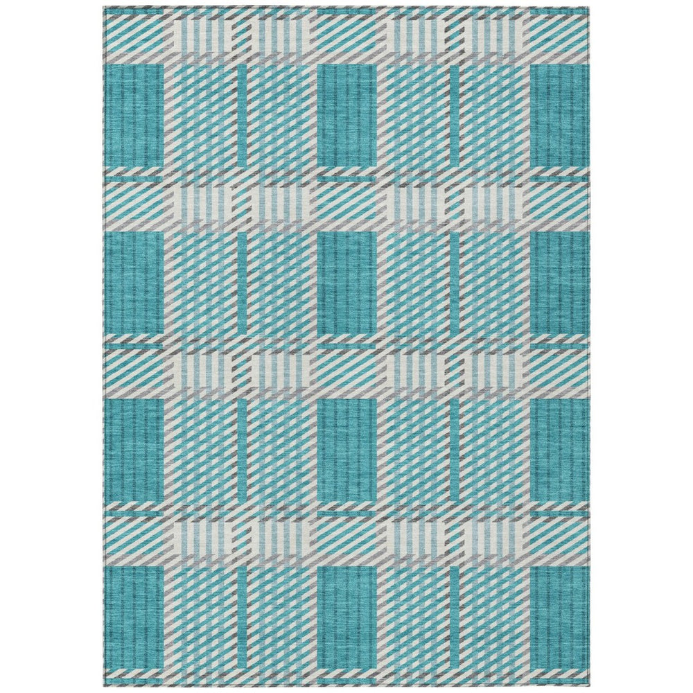 HomeRoots 9' X 12' Stylish Teal Blue Gray Plaid Washable Area Rug for Indoor & Outdoor Use - Durable & Easy-Care! 597593