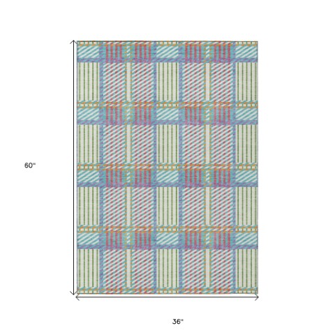 Homeroots 3' Artichoke Green Gray Brown Plaid Washable Area Rug For Indoor Outdoor Spaces, Durable & Stylish 3' X 5' Polyester 597595