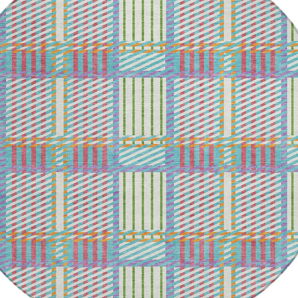 Homeroots 3' Artichoke Green Gray Brown Plaid Washable Area Rug For Indoor Outdoor Spaces, Durable & Stylish 8' Round Polyester 597597