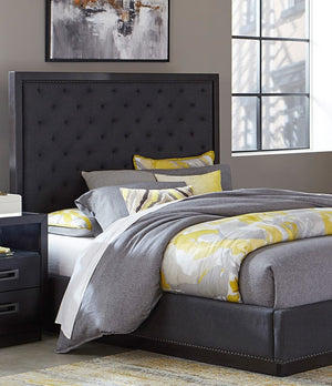 English Elm Modern Tufted Upholstered Queen Bed Nailhead Trim Tall Headboard Charcoal Fabric B011S01026
