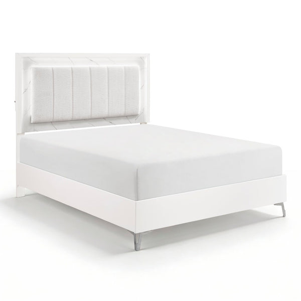 English Elm Glam Queen Bed Chenille Headboard with Led Lighting Faux Marble Chrome Legs B011S02252