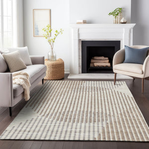Homeroots 3' Beige And Ivory Geometric Washable Rug - Perfect For Indoor And Outdoor Spaces, Stylish & Durable 9' X 12' Polyester 597605