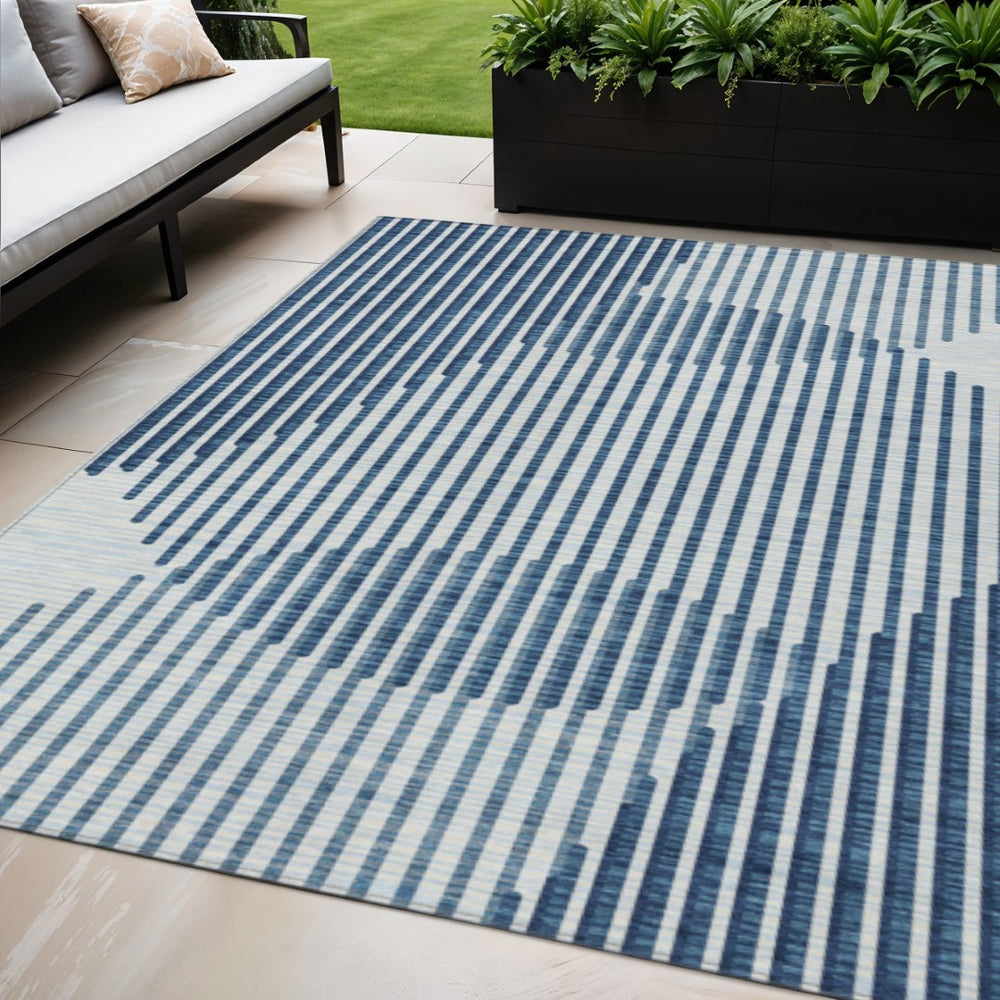 HomeRoots 5' Stylish Blue and Ivory Geometric Area Rug for Indoor and Outdoor Spaces - Machine Washable & Durable 5' X 8' 597614