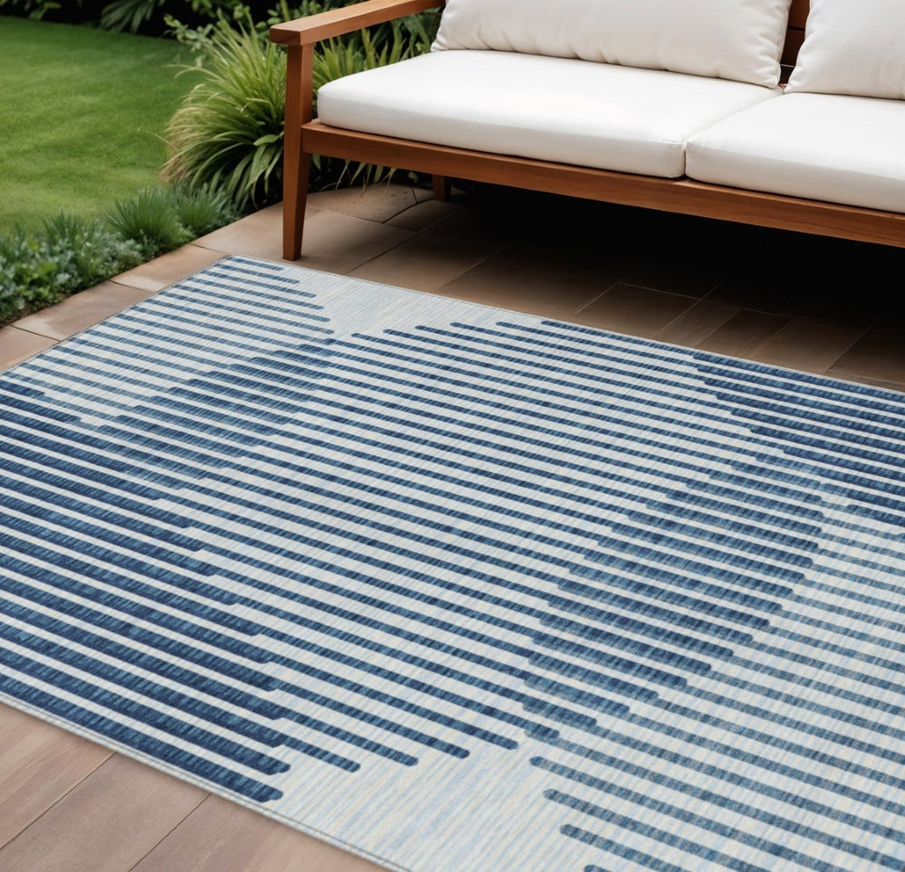 HomeRoots 9' X 12' Blue and Ivory Geometric Indoor Outdoor Area Rug – Stylish, Durable, Washable, Versatile Design 597617