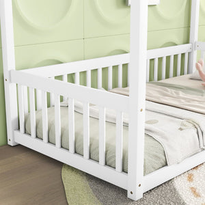 English Elm Twin Canopy Frame Floor Bed With Guardrails – Charming White Design For Cozy Kids' Rooms & Playtime W504P143278-GIGA