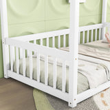 Hearth and Haven Twin Size Canopy Frame Floor Bed with Fence, Guardrails, White W504P143278