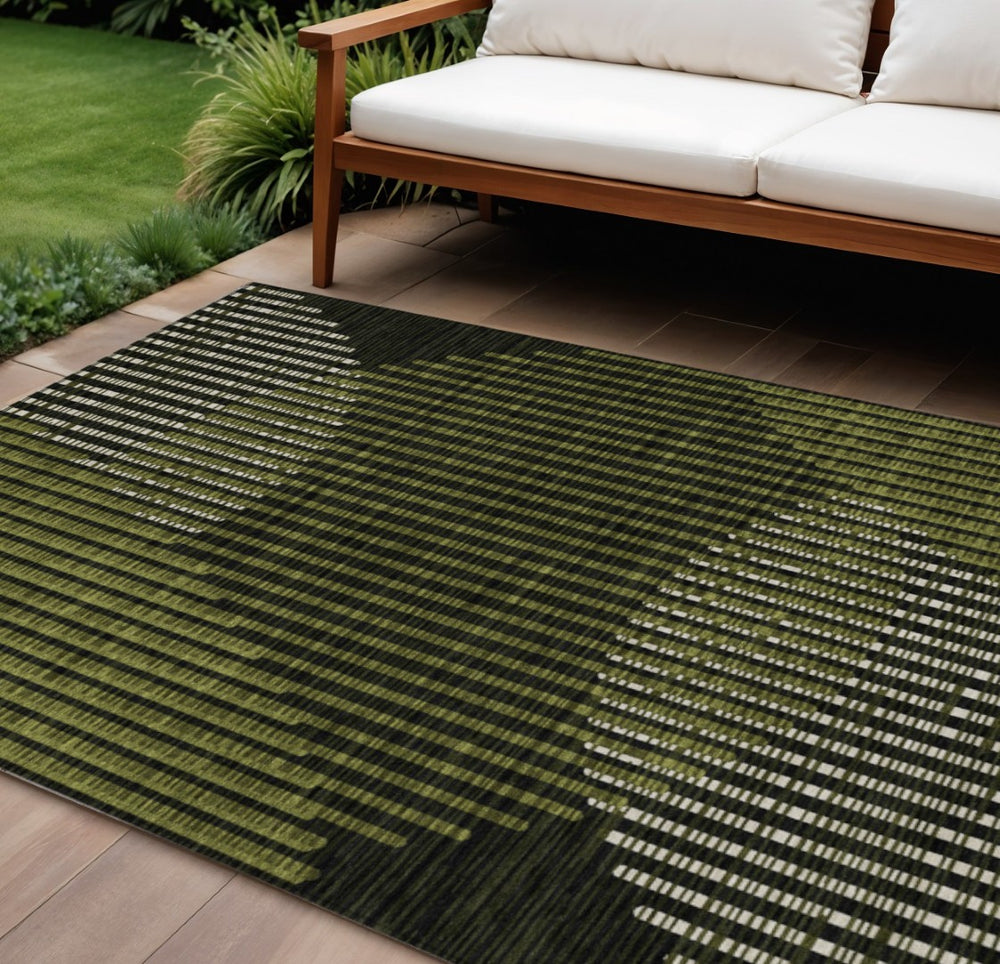 HomeRoots 9' X 12' Olive Green & Black Geometric Rug - Stylish, Durable, Washable for Indoor & Outdoor Spaces 597647