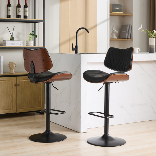 English Elm Walnut Mid-Century Bentwood Swivel Bar Stool — Ergonomic Faux Leather Seat, Wide Stable Base Black PU W1143P173514