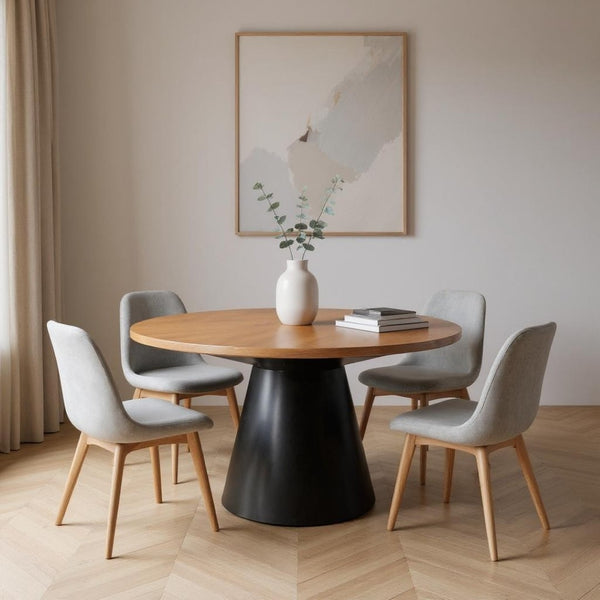 HomeRoots 63" Modern Round Solid Wood and Metal Pedestal Dining Table - Stylish, Durable, Seats 4 Comfortably 597661