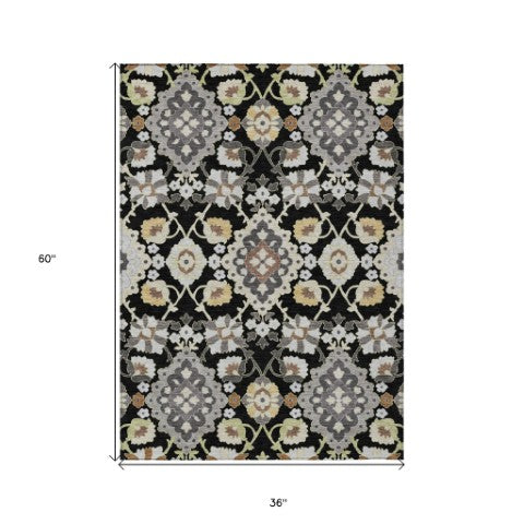 Homeroots 3' Stylish Black Gray Brown Oriental Washable Area Rug For Indoor Outdoor Comfort And Durability 3' X 5' Polyester 597662