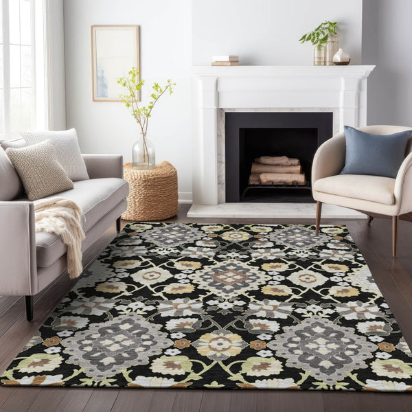 Homeroots 3' Stylish Black Gray Brown Oriental Washable Area Rug For Indoor Outdoor Comfort And Durability 3' X 5' Polyester 597662