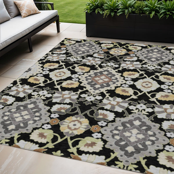 Homeroots 3' Stylish Black Gray Brown Oriental Washable Area Rug For Indoor Outdoor Comfort And Durability 5' X 8' Polyester 597663