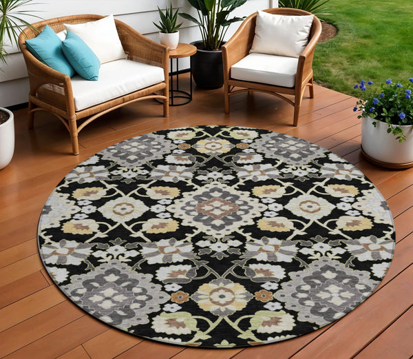Homeroots 3' Stylish Black Gray Brown Oriental Washable Area Rug For Indoor Outdoor Comfort And Durability 8' Round Polyester 597664