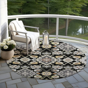 Homeroots 3' Stylish Black Gray Brown Oriental Washable Area Rug For Indoor Outdoor Comfort And Durability 8' Round Polyester 597664