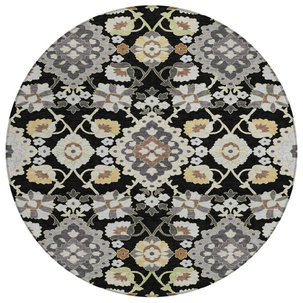 HomeRoots 5' Stylish Black Gray and Brown Oriental Rug - Durable, Washable for Indoor & Outdoor Living Spaces 8' Round 597664