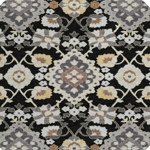 Homeroots 3' Stylish Black Gray Brown Oriental Washable Area Rug For Indoor Outdoor Comfort And Durability 8' Round Polyester 597664