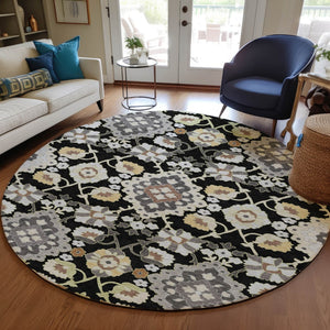 Homeroots 3' Stylish Black Gray Brown Oriental Washable Area Rug For Indoor Outdoor Comfort And Durability 8' Round Polyester 597664