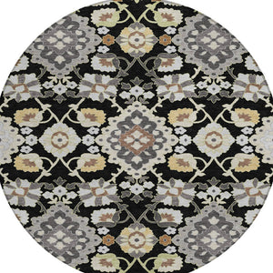 Homeroots 3' Stylish Black Gray Brown Oriental Washable Area Rug For Indoor Outdoor Comfort And Durability 8' Round Polyester 597664