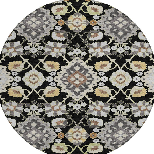 Homeroots 3' Stylish Black Gray Brown Oriental Washable Area Rug For Indoor Outdoor Comfort And Durability 8' Round Polyester 597664