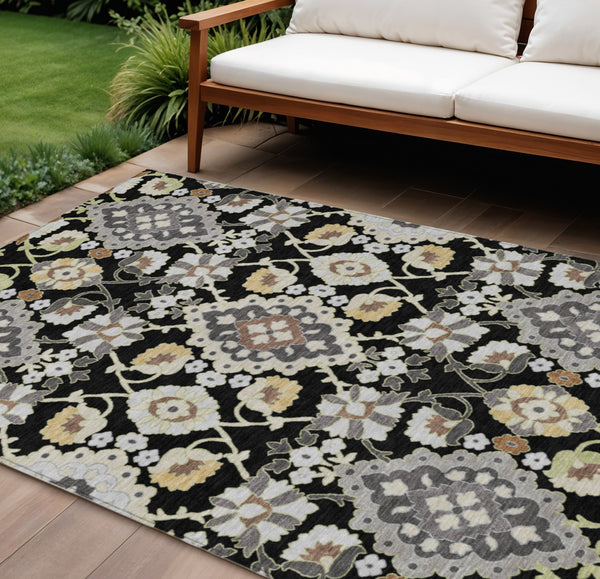 Homeroots 3' Stylish Black Gray Brown Oriental Washable Area Rug For Indoor Outdoor Comfort And Durability 8' X 10' Polyester 597665