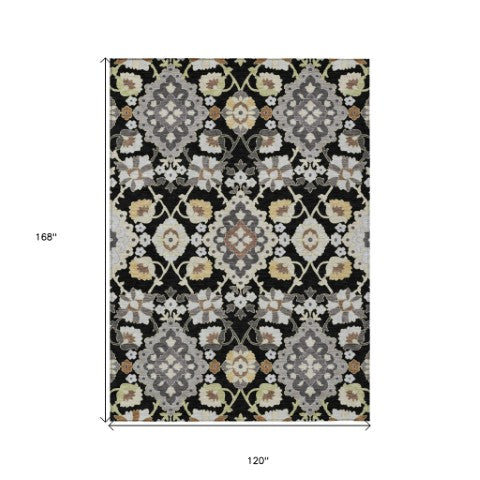 Homeroots 3' Stylish Black Gray Brown Oriental Washable Area Rug For Indoor Outdoor Comfort And Durability 10' X 14' Polyester 597667
