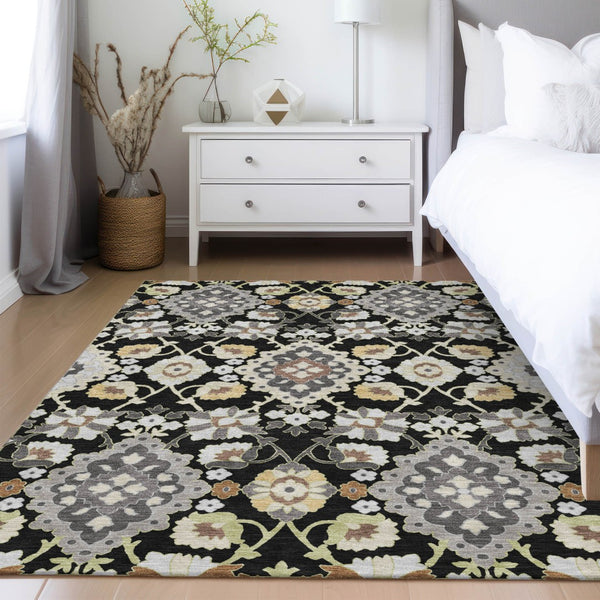 Homeroots 3' Stylish Black Gray Brown Oriental Washable Area Rug For Indoor Outdoor Comfort And Durability 10' X 14' Polyester 597667