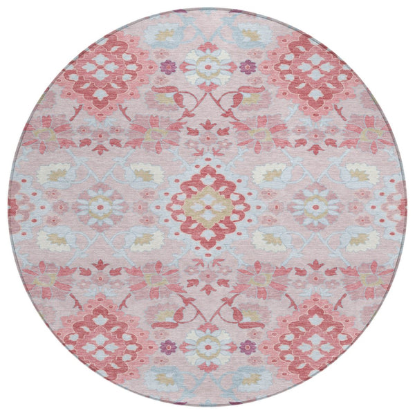 HomeRoots 5' Stylish Blush Sky Blue and Brown Oriental Indoor-Outdoor Area Rug for Timeless Comfort & Durability 8' Round 597670