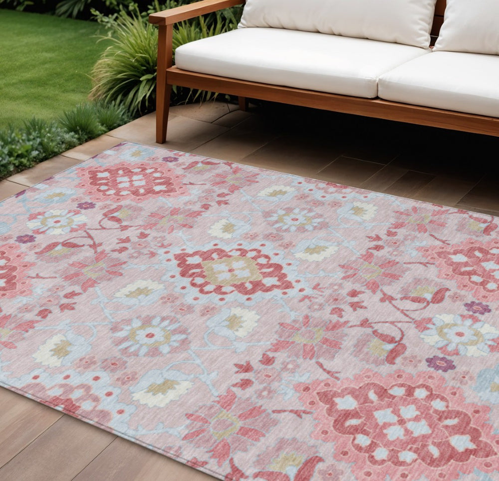 HomeRoots 5' Stylish Blush Sky Blue and Brown Oriental Indoor-Outdoor Area Rug for Timeless Comfort & Durability 8' X 10' 597671