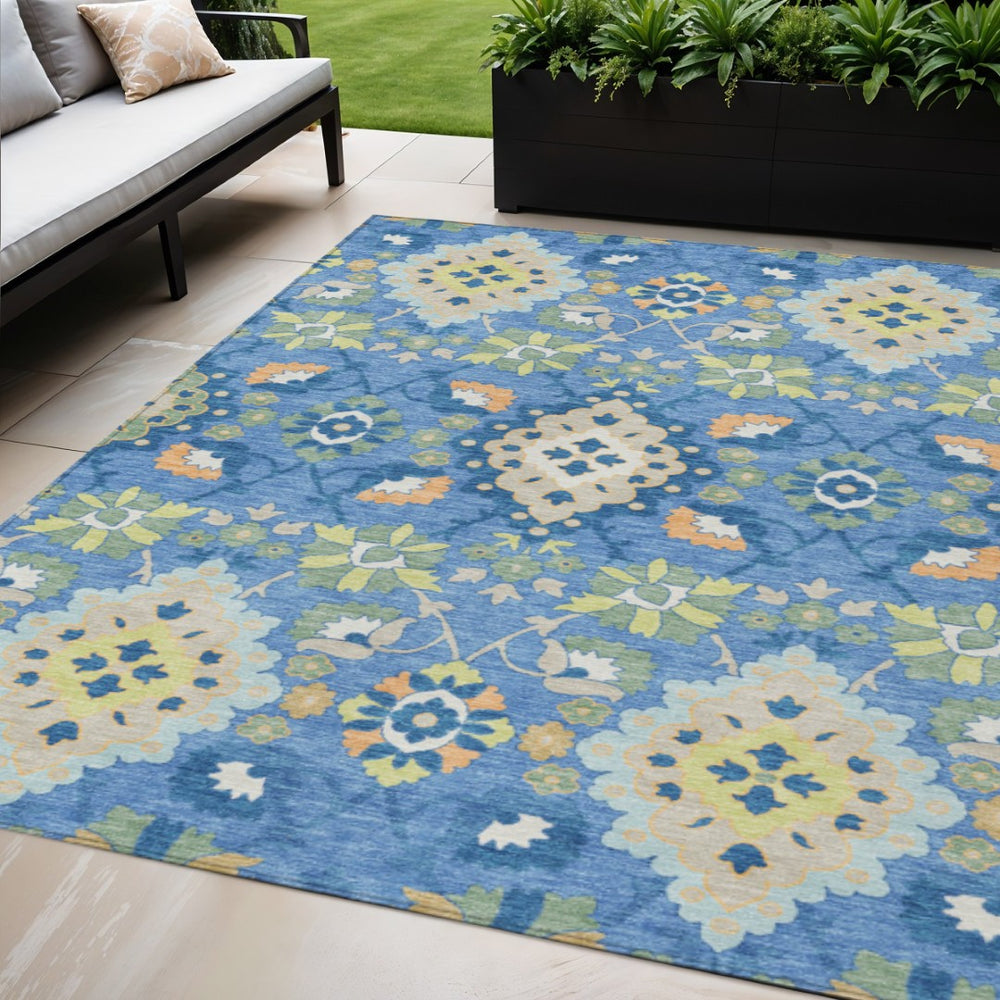 HomeRoots 5' Vibrant Blue Green and Orange Oriental Area Rug - Washable, Durable, Indoor/Outdoor Comfort 5' X 8' 597675
