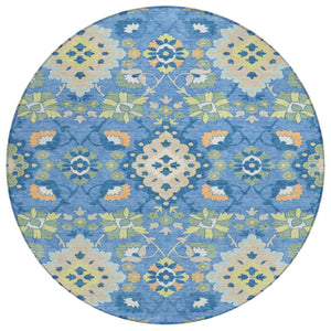 HomeRoots 5' Vibrant Blue Green and Orange Oriental Area Rug - Washable, Durable, Indoor/Outdoor Comfort 8' Round 597676