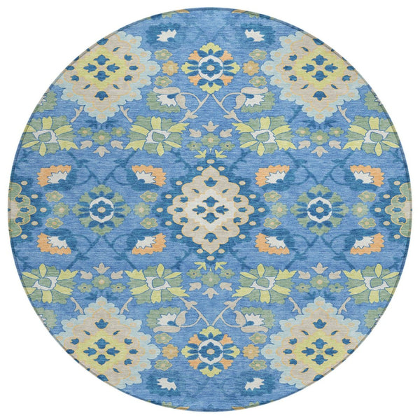 HomeRoots 5' Vibrant Blue Green and Orange Oriental Area Rug - Washable, Durable, Indoor/Outdoor Comfort 8' Round 597676