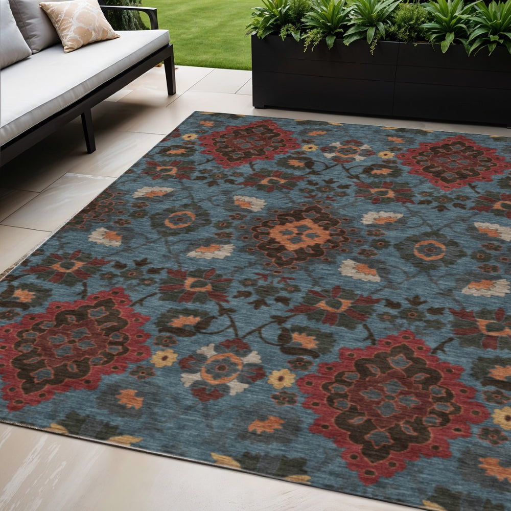 HomeRoots 5' Timeless Denim Blue and Brick Red Oriental Washable Rug for Indoor Outdoor Versatile Spaces 5' X 8' 597681