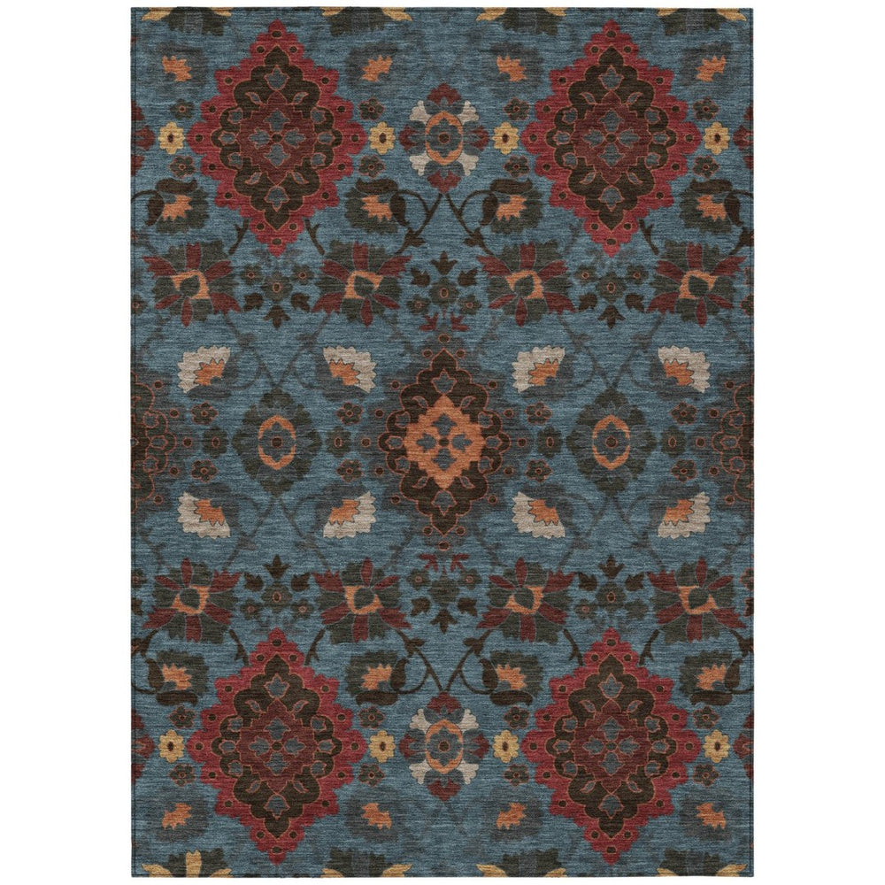 HomeRoots 5' Timeless Denim Blue and Brick Red Oriental Washable Rug for Indoor Outdoor Versatile Spaces 5' X 8' 597681