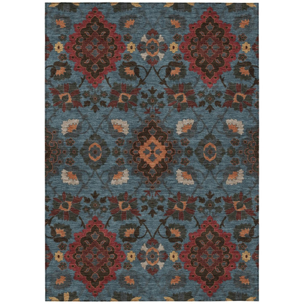 HomeRoots 5' Timeless Denim Blue and Brick Red Oriental Washable Rug for Indoor Outdoor Versatile Spaces 5' X 8' 597681
