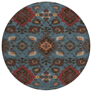 HomeRoots 5' Timeless Denim Blue and Brick Red Oriental Washable Rug for Indoor Outdoor Versatile Spaces 8' Round 597682