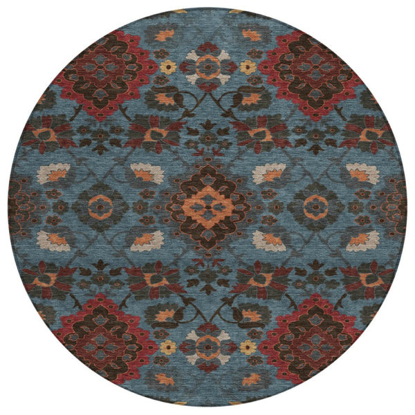 HomeRoots 5' Timeless Denim Blue and Brick Red Oriental Washable Rug for Indoor Outdoor Versatile Spaces 8' Round 597682